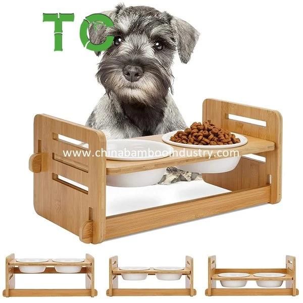 Hotselling Raised Dog Bowls Pet Bowls with 2 Ceramic Bowls Adjustable Bamboo Pet Feeder Elevated Feeder Stand Pet Bowl Pet Raised Bowls