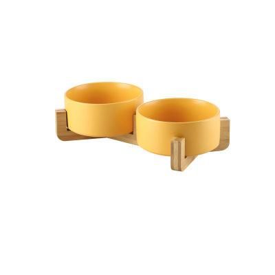 Wholesale New Design Bamboo Frame Ceramic Bowl Food Feeder Elevated Durable Dog Bowls with Stand