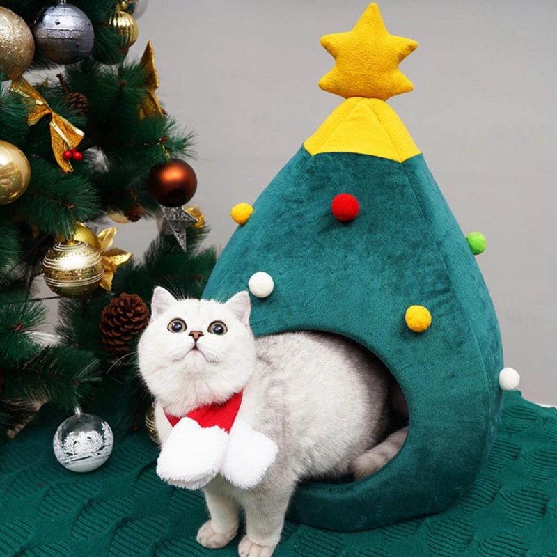 New Pet Cat Dog House Kennel Puppy Sleeping Bed Christmas Tree Shape Winter Warm Bed