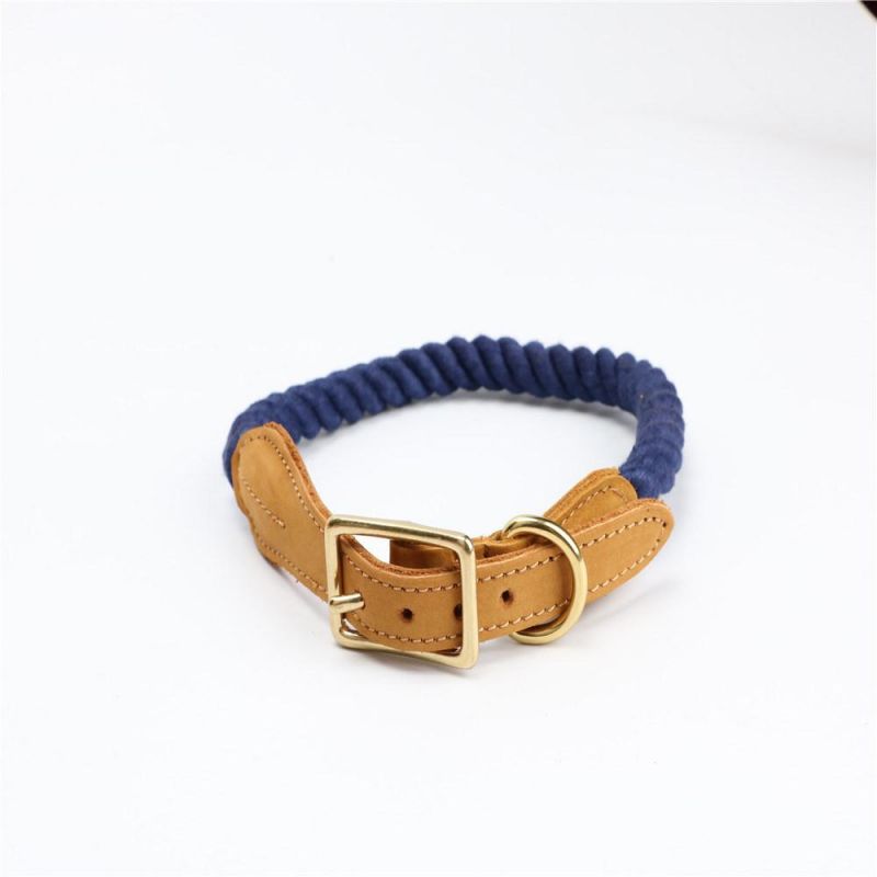 Personalized Rope Cotton Dog Collar with Genuine Leather