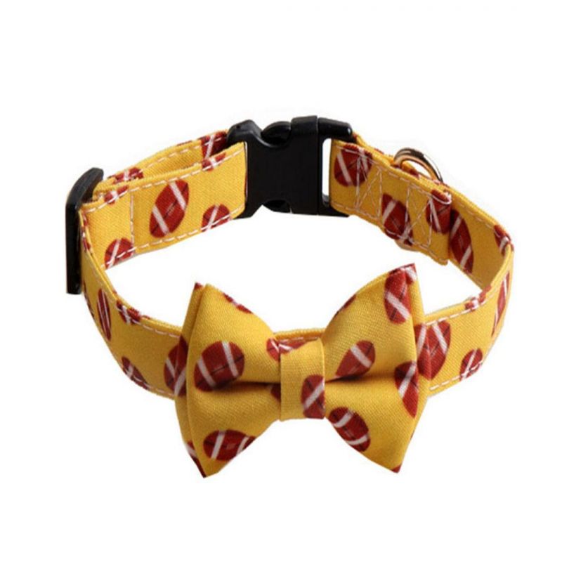 Yellow Rugby Pattern Dog Collar with Bow Cat Collar