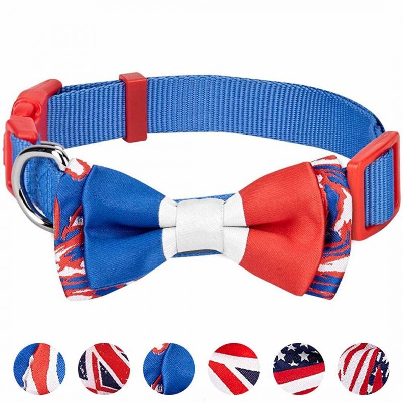 France Bowtie Collar - Blue National Pride Handmade French Flag W/Jacquard Weave Fabric Detachable Bow Tie Dog Collar