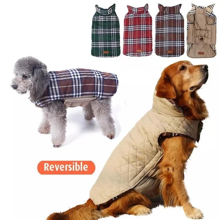 British Style Plaid Dog Winter Coat Dog Coat Fleece Lining Dog Apparel Dog Jacket Dog Vest for Small Medium and Large Dogs