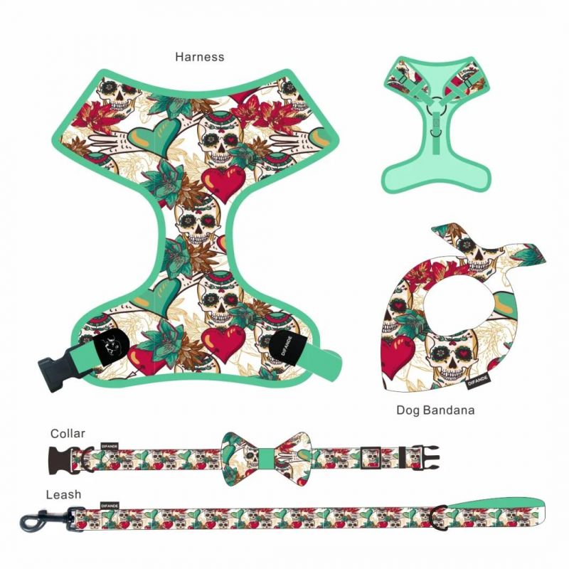 Manufacturer 6 Piece Design Dog Bow Tie Bandana Poo Bag Custom Dog Harness Luxury Dog Collar Leash Set