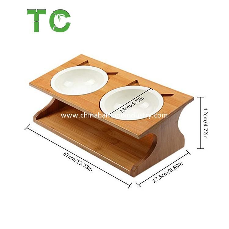 Bamboo Elevated Pet Bowls, Raised Dog Cat Feeder with Ceramic Food Feeding Bowl