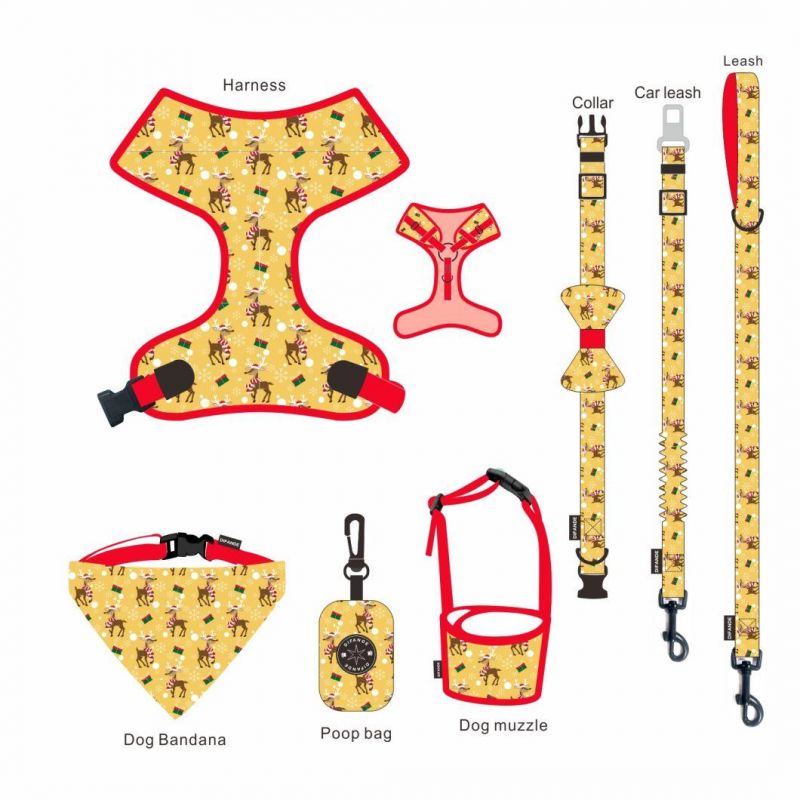 Wholesale Custom Logo Sublimation Christmas Style Patterns Dog Leash Collar and Harness Set with Bandana
