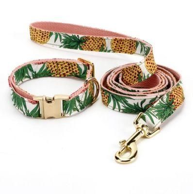 Fashion Design Cotton Webbing Lining and Custom Printed Polyester Dog Collar and Leash with Stainless Buckle