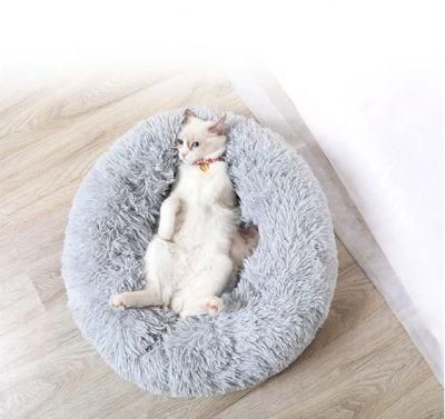 Wholesale Manufacturer Soft Luxury Plush Pink Grey White Pet Cushion Round Cat Dog Bed