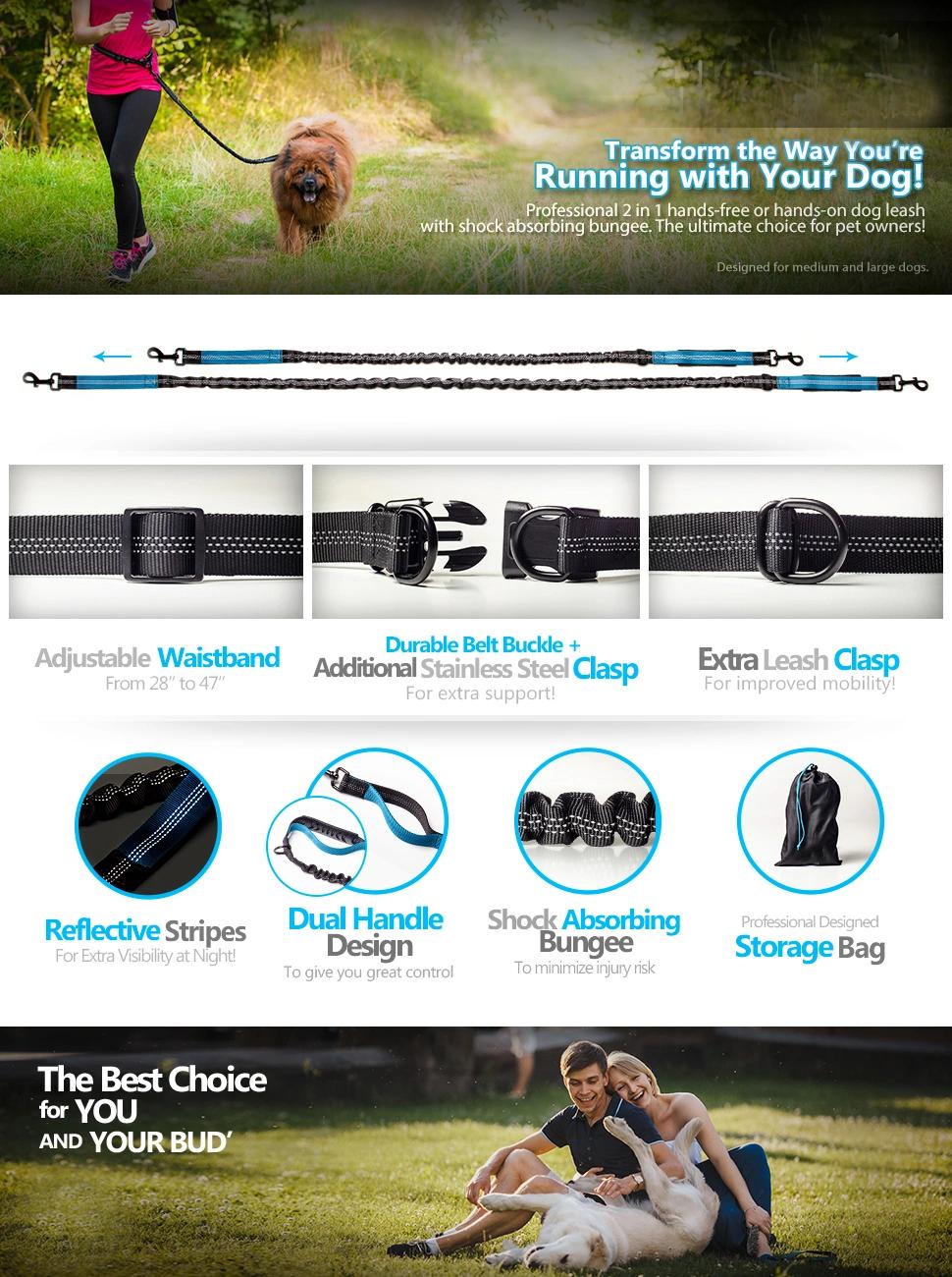 Dog Leash with Dual Bungees Shock Absorbing Dual Handle Running