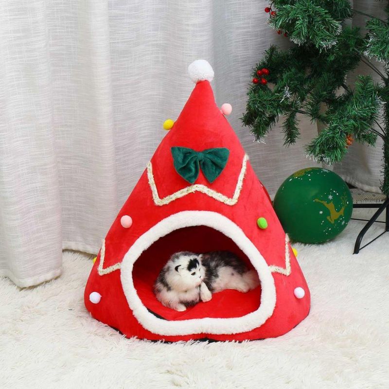 Christmas Tree Shape Dog Cat Bed House Home Warm Sleeping Bed Half Closed Bed