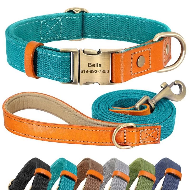 Hot Sales Genuine Leather Matching Polyester Cotton Pet Dog Collar and Leash Set