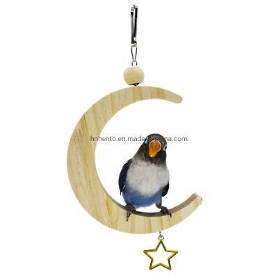 Toy for Small Birds Parakeet Hanging Swing Moon Shape Natural Wood Swing Bird Toys with Bells