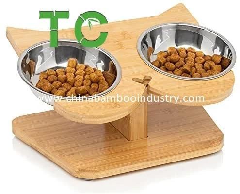 Wholesale Bamboo Raised Pet Feeder Elevated Cat Bowl Stand - 2 Stainless Steel Cat Bowls