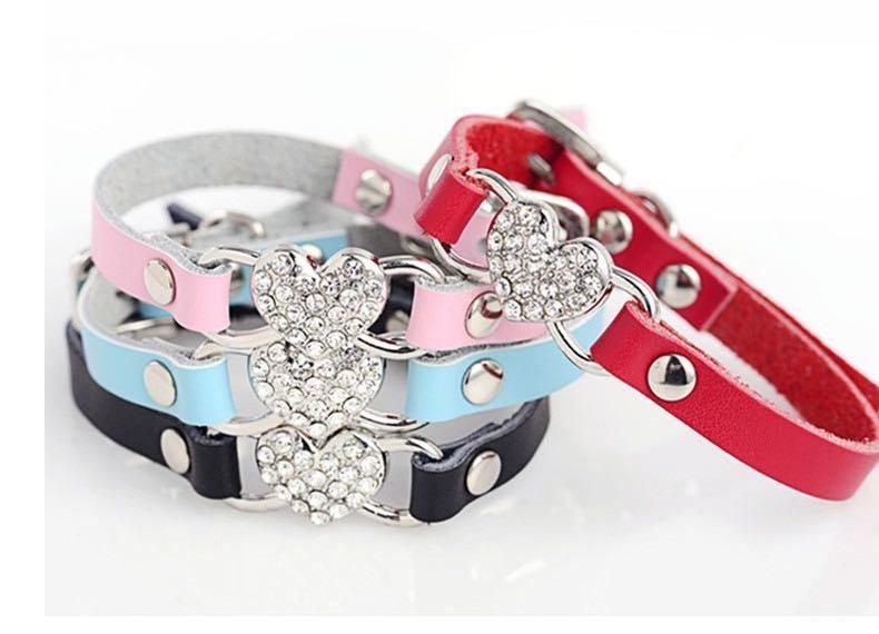 Adjustable Leather Pet Collar with Rhinestone Heart-Shaped Pet Collar