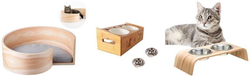 Double Bowls with Bamboo Stand Raised Pet Feeder Pets Gift
