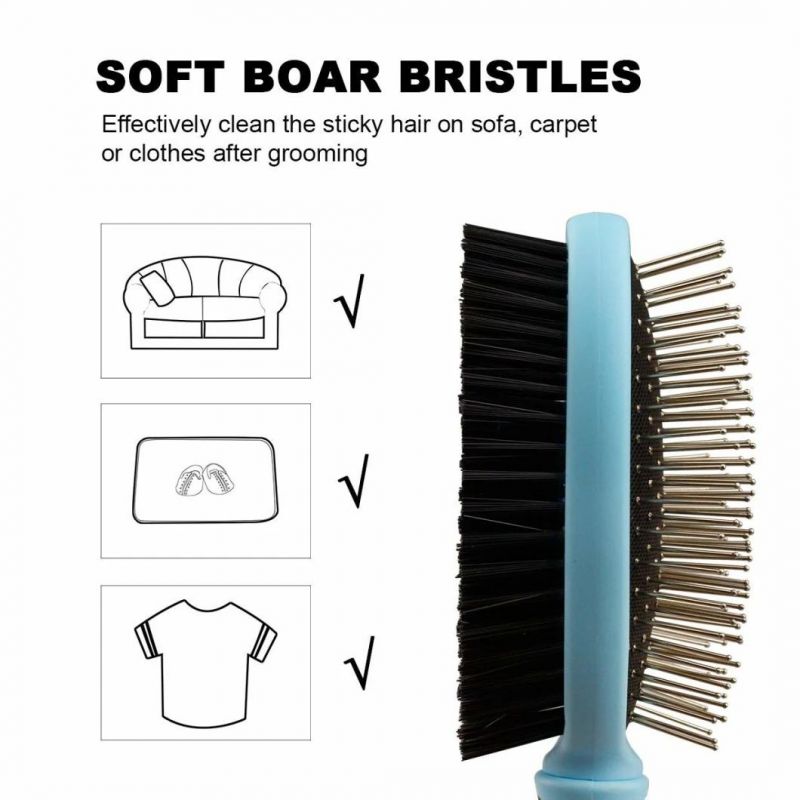 2-in-1 Combo Brush for Dogs & Cats, Pin Brush for Shedding Short Long Hair, Soft Bristle Brush for Clothes, Carpet and Cars, Blue