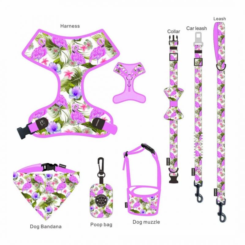 Pet Supplies Hundeleine Und Geschirr Set, Strap Dog Adjustable Harness Leash and Collar Suit Plaid Fabric 6 in 1 OPP Bag BSCI