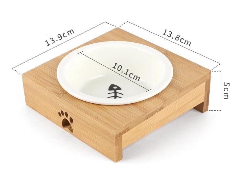 Wood Ceramic Cat Feeder Dog Pet Food Bowl