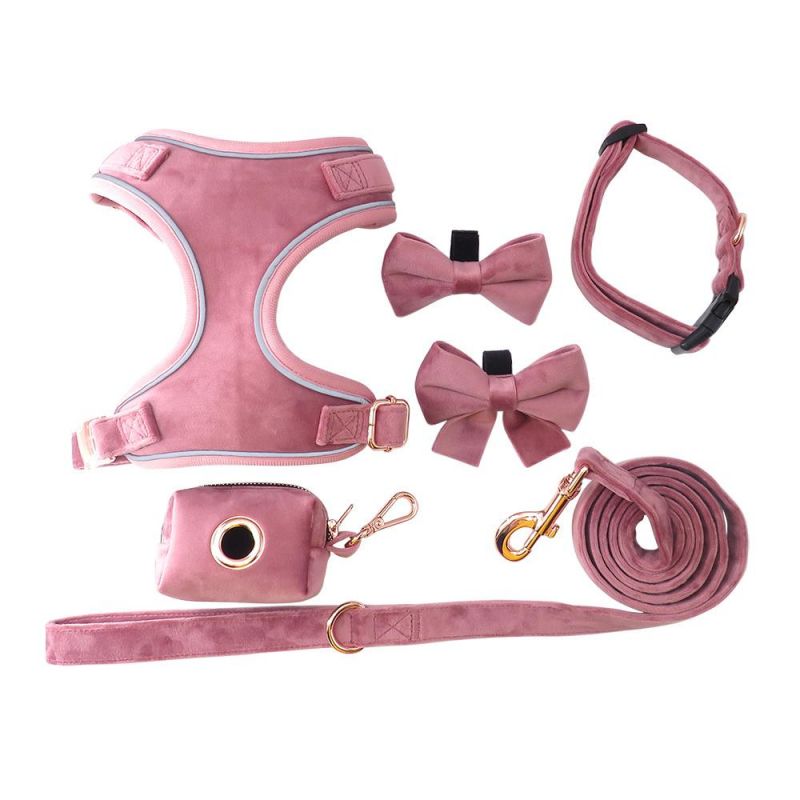 High Quality Soft No Pull Pet Adjustable Velvet Dog Harness Leash Collar Poop Bag Holder Set