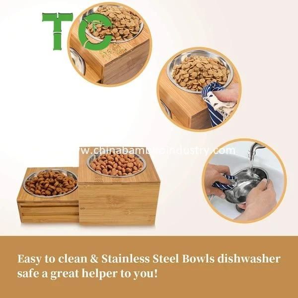 Wooden Dog Feeding Station with Drawer Double Dog Bowls Elevated Dog Feeder Raised Pet Bowls Wooden Pet Dog Bowl