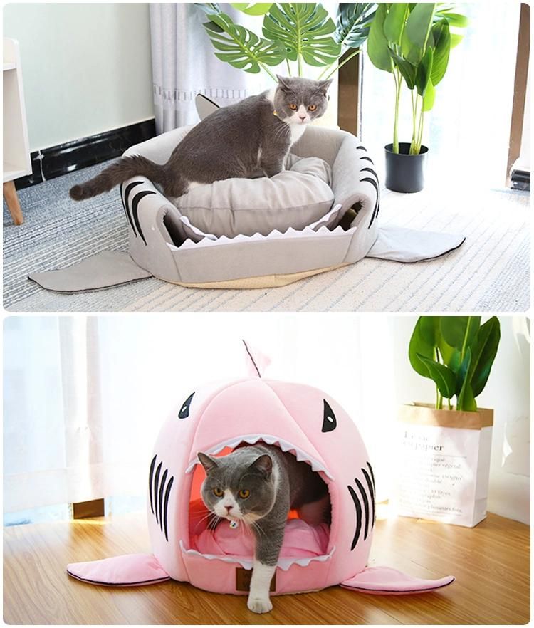 Popular Cartoon Shark Shaped Design Pet Keep Warm Beds Washable Detachable Pet Cat Cave Beds House