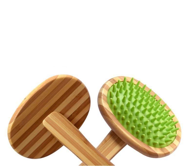 Natural Pet Brush Bamboo Silicone Massage Bath Brush Washing Massage Grooming Comb