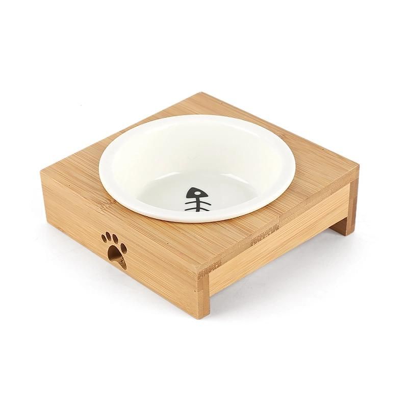Wood Ceramic Cat Feeder Dog Pet Food Bowl