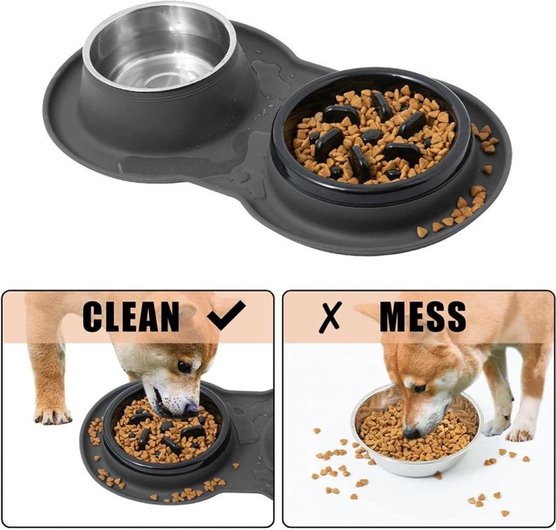 Dog No Spill Silicone Mat Puzzle Feeding Stainless Steel Bowl