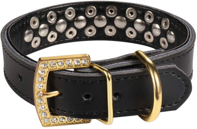 Luxury Gold Rhinestones Buckle Soft Leather Mushrooms Rivet Dog Collar