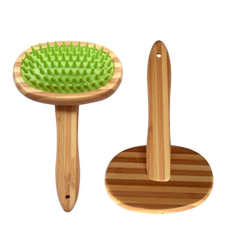 Natural Pet Brush Bamboo Silicone Massage Bath Brush Washing Massage Grooming Comb