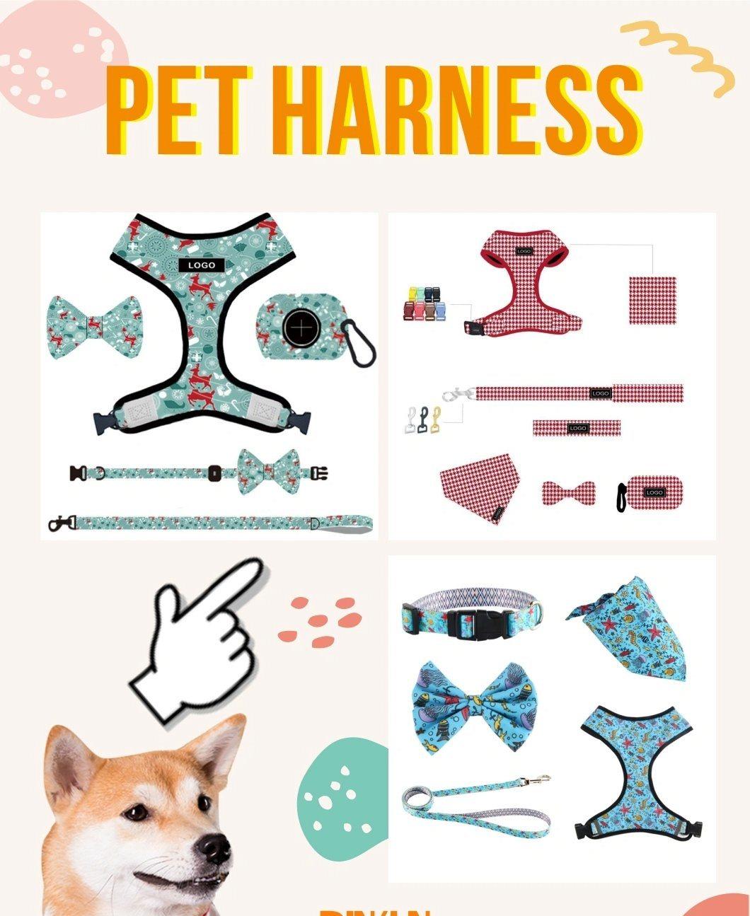 Pinkun Dongguan Product Top Seller Custom Design 2 in 1 Reversible Dog Harness Neoprene, Custom Adjustable Collar Bow Leash Harness and Bandana Sets
