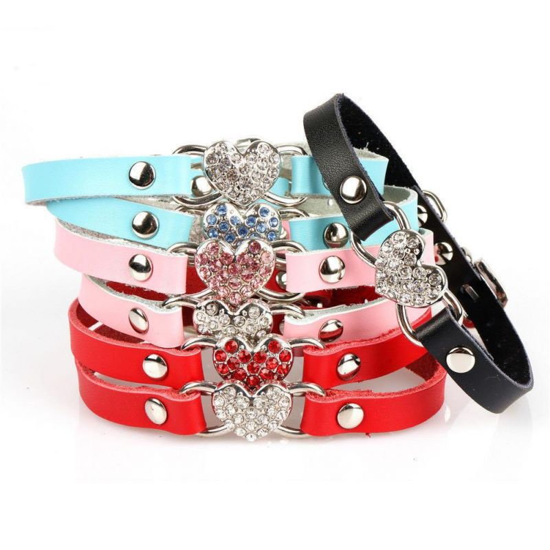 Adjustable Leather Pet Collar with Rhinestone Heart-Shaped Pet Collar