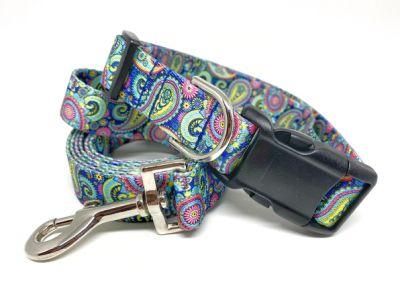 Personalized Floral Luxury Nylon Dog Collar and Leash Set Polyester Metal Buckle Adjustable Pet Collar Designer Custom Dog Leash