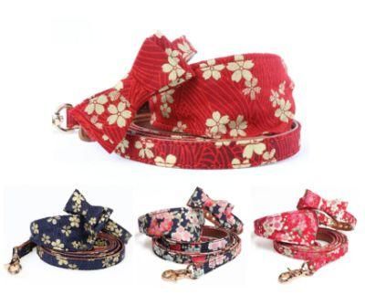 Bronzing Fabric Pattern Printed Pretty Japanese Personalized Dog Bandana Collar with Bow Tie and Leash