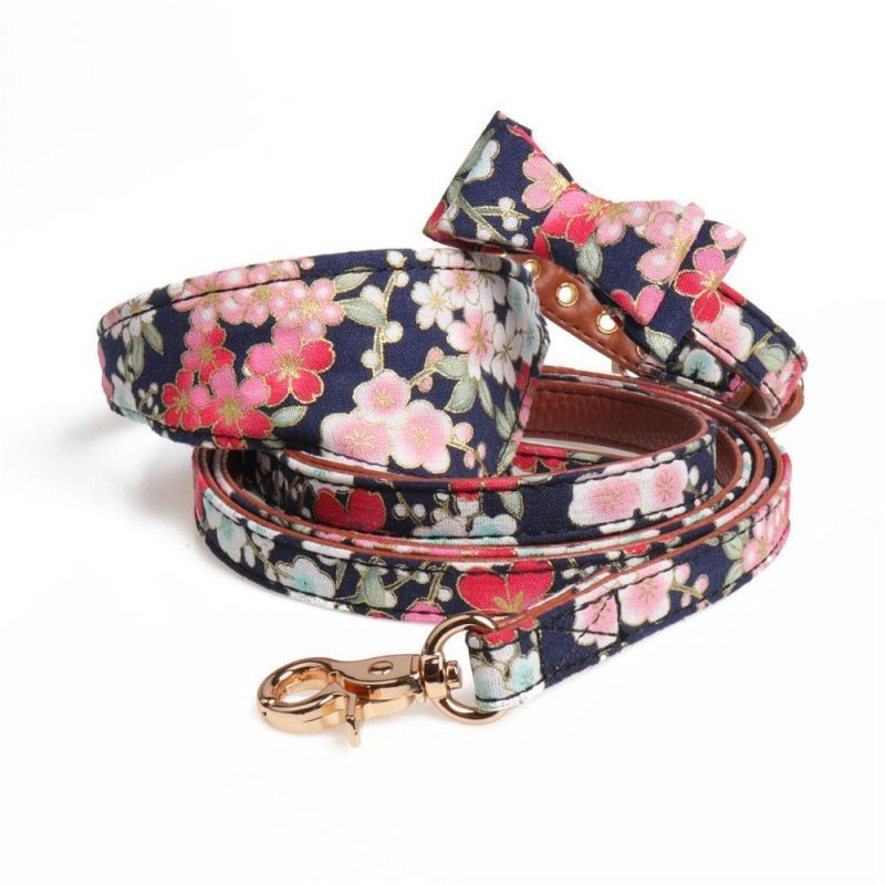 Bronzing Fabric Pattern Printed Pretty Japanese Personalized Dog Bandana Collar with Bow Tie and Leash