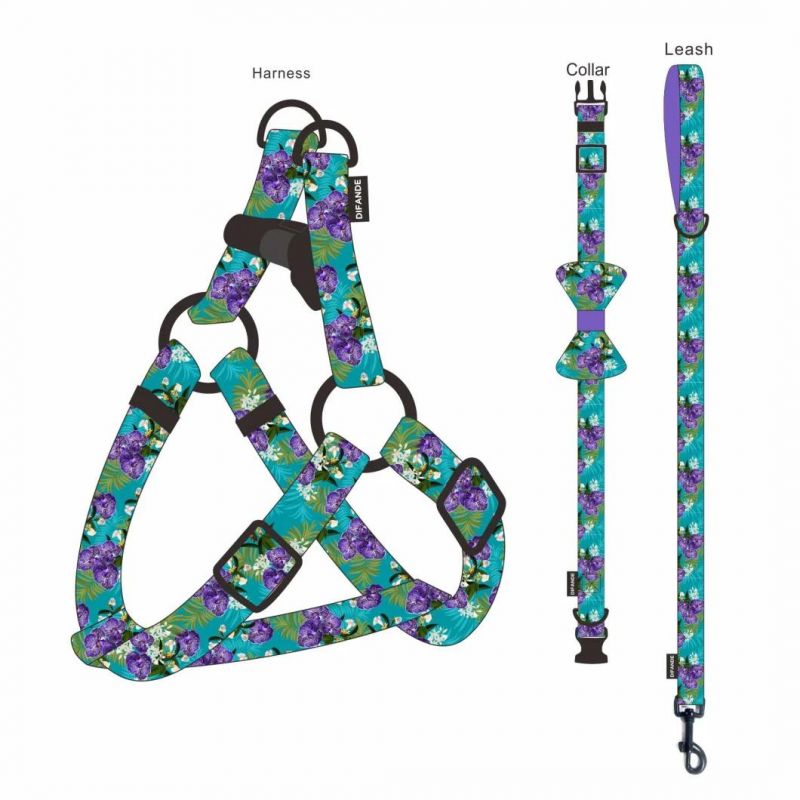 Custom Pattern Logo Reflective Reversible Luxury Pet Dog Vest Collars Harness and Leash Pet Products Set with Bow Tie Bandana