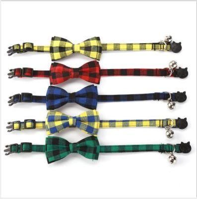 Factory Price Promotional Cotton Fabric Plaid Adjustable Breakaway PU Leather Pet Cat Dog Collar with Detachable Cute Bow Tie