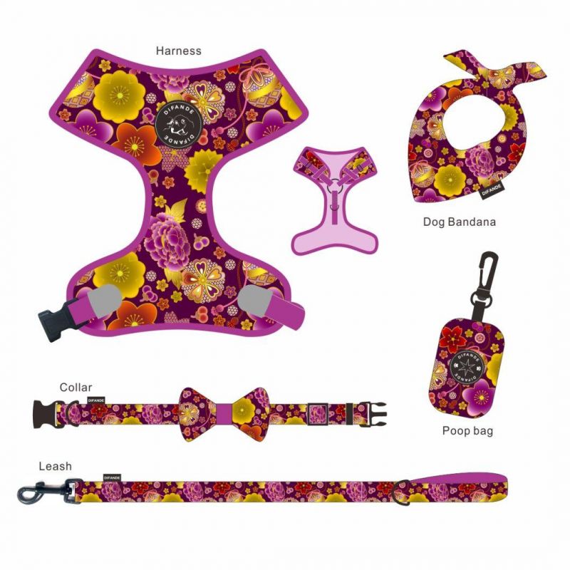 Wholesale Custom Logo PVC Dog Harness Leash Collar Sublimation Patterns Dog Leash Collar and Harness Set Dog Harness and Leash
