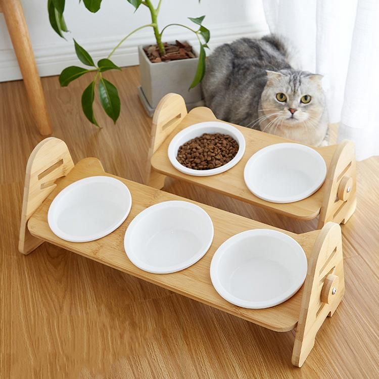 High Quality Adjustable Bamboo Elevated Dog Cat Food Bowl Pet Feeder