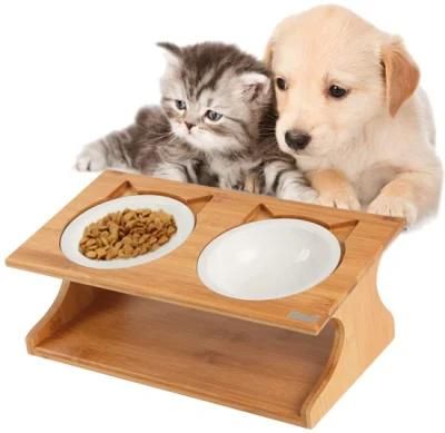 Elevated Cat Bowls with Stand -15 Angle Tilted Platform Pet Feeder Solid Pine Stand with Ceramic Bowls Elevated Cat Feeder Raised Cat Food Bowl